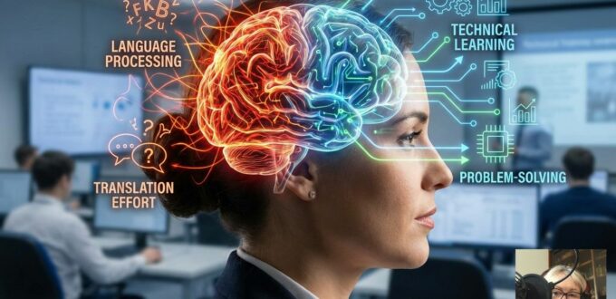 Polish engineers participating in technical manufacturing training with a simultaneous interpreter in a booth.